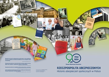 tablica tytułowa wystawy „Rzeczpospolita ubezpieczonych. Historia ubezpieczeń społecznych w Polsce 1918-2018". link do powiększonego zdjęcia jpg 3 mb. Na tablicy znajduje się collage ze zdjęć, które zostały wykorzystane do stworzenia wystawy oraz logo „90 lat Zakładu Ubezpieczeń Społecznych”. Autorem wystawy jest dr Magdalena Lewandowska.