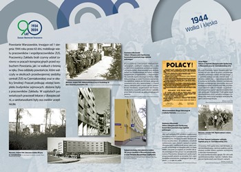 Wystawa „Rzeczpospolita ubezpieczonych. Historia ubezpieczeń społecznych w Polsce", tablica 1944 Walka i klęska, link do powiększonego zdjęcia 3,9 mb. Powstanie Warszawskie, trwające od 1 sierpnia 1944 roku przez 63 dni, mobilizuje wielu pracowników i współpracowników ZUS. Pracownicy Zakładu brali czynny udział zarówno w pracach konspiracyjnych przed wybuchem Powstania, jak i w walkach z bronią w ręku. Dwa oddziały powstańcze, które walczyły w okolicach przedwojennej siedziby centrali ZUS na Czerniakowskiej oraz w okolicy Smolnej i Frascati próbując zdobyć kompleks budynków sejmowych, złożone były z pracowników Zakładu. W szpitalach powstańczych pracowali lekarze z Ubezpieczalni, a sanitariuszkami były zus-owskie urzędniczki.  Na tablicy znajduje się zdjęcie oddziału powstańczego, zdjęcie zburzonej w czasie Powstania siedziby Centrali ZUS, zdjęcia budynku przy placu Inwalidów w Warszawie – przed wojną, w czasie Powstania i obecnie, skan odezwy do Polaków z informacją o wybuchu Powstania.