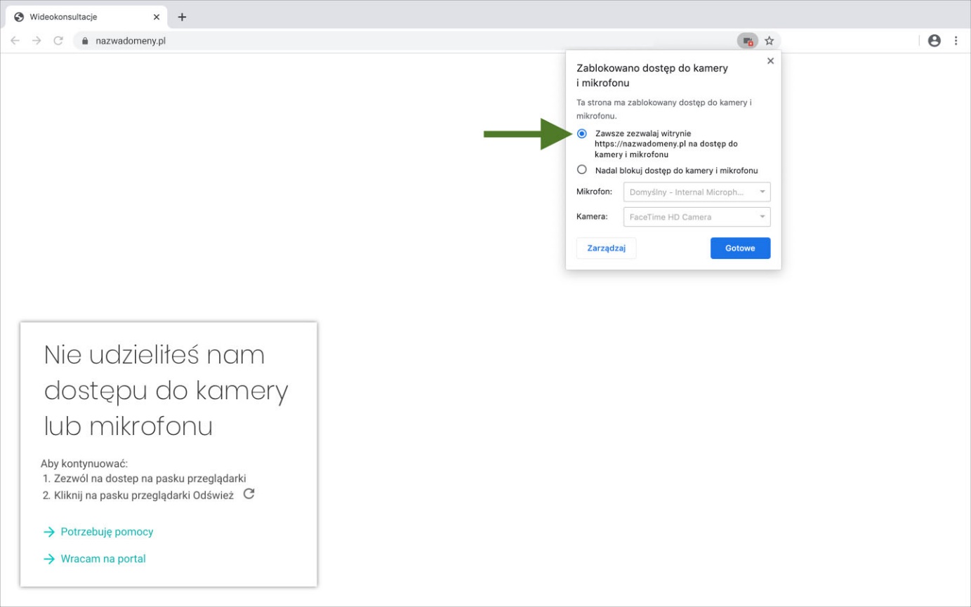 zrzut z ekranu - Zmiana ustawień dostępu do kamery i mikrofonu w przeglądarce Chrome