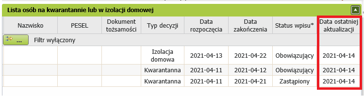 Obraz przedstawia widok okna z PUE ZUS z datą ostatniej aktualizacji informacji o kwarantannie lub izolacji